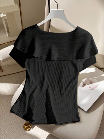 SHEIN EMERY ROSE CURVE Plus Size Women's Solid Color Twist Knot Short Sleeve Ribbed Casual Versatile T-Shirt - Image 3