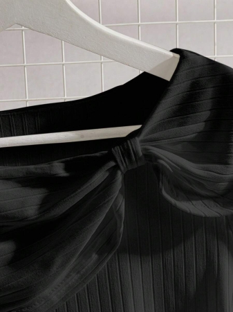 SHEIN EMERY ROSE CURVE Plus Size Women's Solid Color Twist Knot Short Sleeve Ribbed Casual Versatile T-Shirt - Image 4