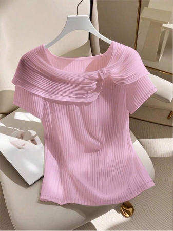 SHEIN EMERY ROSE CURVE Plus Size Women's Solid Color Twist Knot Short Sleeve Ribbed Casual Versatile T-Shirt - Image 7