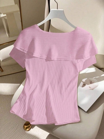 SHEIN EMERY ROSE CURVE Plus Size Women's Solid Color Twist Knot Short Sleeve Ribbed Casual Versatile T-Shirt - Image 8