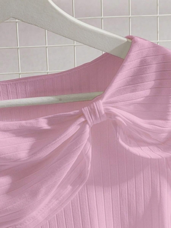 SHEIN EMERY ROSE CURVE Plus Size Women's Solid Color Twist Knot Short Sleeve Ribbed Casual Versatile T-Shirt - Image 9