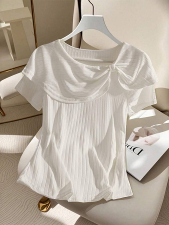 SHEIN EMERY ROSE CURVE Plus Size Women's Solid Color Twist Knot Short Sleeve Ribbed Casual Versatile T-Shirt - Image 14