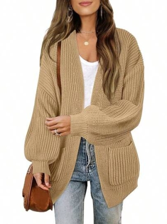 MEROKEETY Women's 2025 Open Front Chunky Cardigans Lantern Long Sleeve Oversized Knit Outwear With Pocket