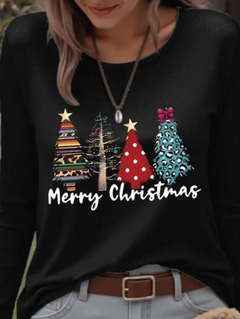 EMERY ROSE Christmas Letter Slogan & Christmas Tree Pattern Round Neck Long Sleeve Fashionable Plus Size T-Shirt