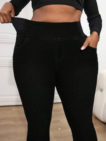 Slaydiva Plus Size Skinny Stretchy Flare Jeans, Blue - Image 7