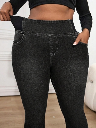 Slaydiva Plus Size Skinny Stretchy Flare Jeans, Blue - Image 11
