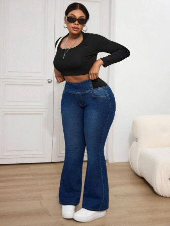 Slaydiva Plus Size Skinny Stretchy Flare Jeans, Blue - Image 16