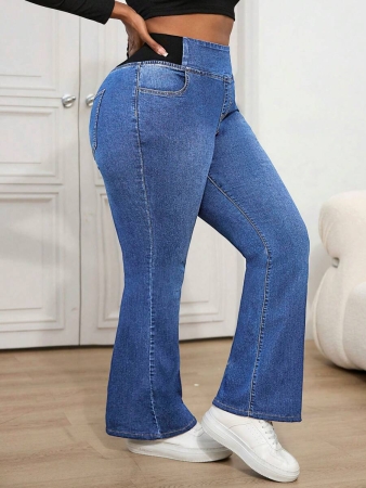 Slaydiva Plus Size Skinny Stretchy Flare Jeans, Blue - Image 24