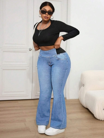 Slaydiva Plus Size Skinny Stretchy Flare Jeans, Blue - Image 28