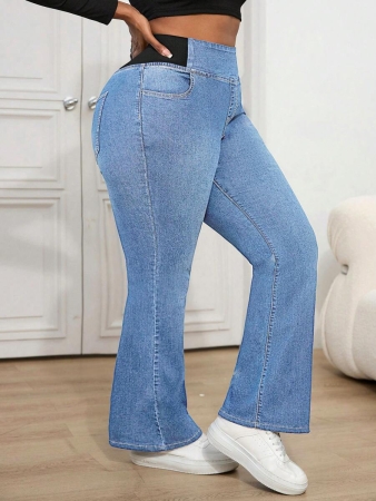 Slaydiva Plus Size Skinny Stretchy Flare Jeans, Blue - Image 30