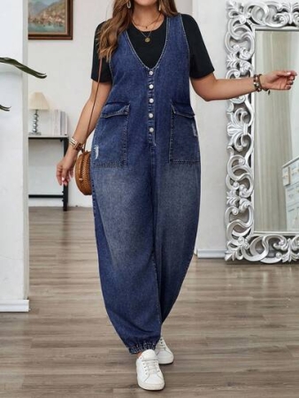 EMERY ROSE Plus Size Women Casual Loose Pocket Sleeveless Denim Overalls