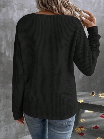 EMERY ROSE Plus Size Waffle Knit Colorblock V-Neck Plus Size T-Shirt, Casual Fashion For Autumn/Winter - Image 3