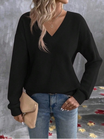 EMERY ROSE Plus Size Waffle Knit Colorblock V-Neck Plus Size T-Shirt, Casual Fashion For Autumn/Winter - Image 4