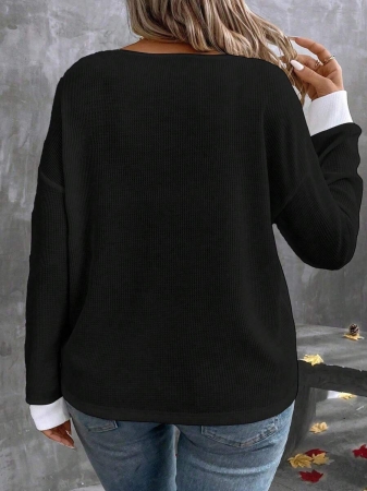 EMERY ROSE Plus Size Waffle Knit Colorblock V-Neck Plus Size T-Shirt, Casual Fashion For Autumn/Winter - Image 7