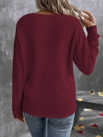 EMERY ROSE Plus Size Waffle Knit Colorblock V-Neck Plus Size T-Shirt, Casual Fashion For Autumn/Winter - Image 12