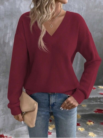 EMERY ROSE Plus Size Waffle Knit Colorblock V-Neck Plus Size T-Shirt, Casual Fashion For Autumn/Winter - Image 14