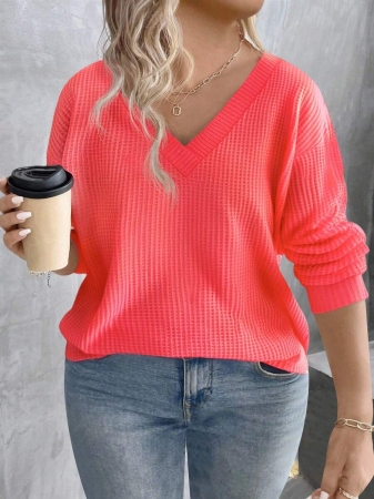 EMERY ROSE Plus Size Waffle Knit Colorblock V-Neck Plus Size T-Shirt, Casual Fashion For Autumn/Winter - Image 22