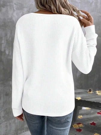 EMERY ROSE Plus Size Waffle Knit Colorblock V-Neck Plus Size T-Shirt, Casual Fashion For Autumn/Winter - Image 27