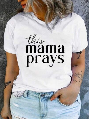 INAWLY Plus Size Simple Printed Round Neck Short Sleeve T-Shirt This Mama Prays Graphic Tees Women Tops