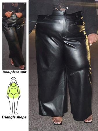 Truni Plus Size Black Button Design Side Pocket Leather Straight Pants, Winter - Image 2