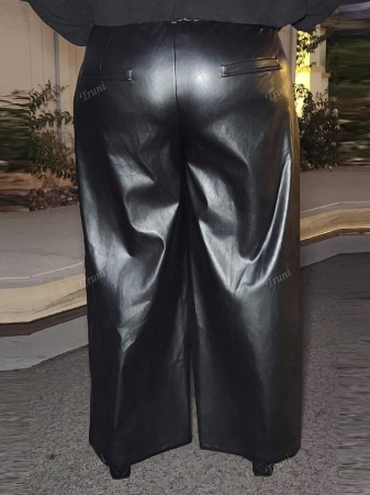 Truni Plus Size Black Button Design Side Pocket Leather Straight Pants, Winter - Image 3
