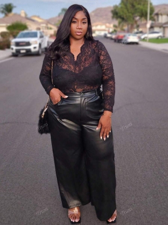 Truni Plus Size Black Button Design Side Pocket Leather Straight Pants, Winter - Image 4