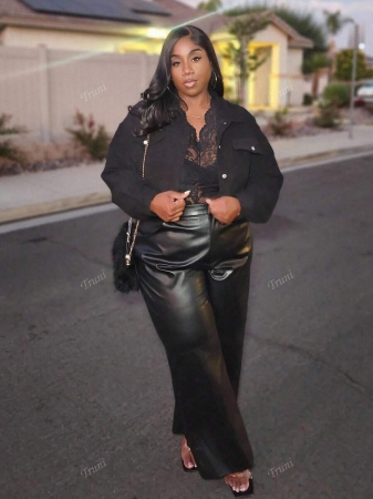 Truni Plus Size Black Button Design Side Pocket Leather Straight Pants, Winter - Image 5