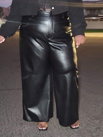 Truni Plus Size Black Button Design Side Pocket Leather Straight Pants, Winter - Image 7