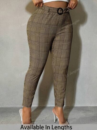 Plus Size Plaid Print Elegant Women Pants, European And American Style High Waist Casual Skinny Cropped Pants