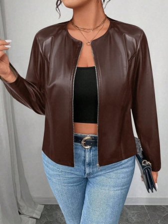 SHEIN PETITE CURVE Plus Size Women's Classic Versatile PU Leather Jacket, Petite Series - Image 14