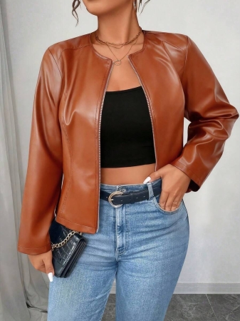 SHEIN PETITE CURVE Plus Size Women's Classic Versatile PU Leather Jacket, Petite Series - Image 25