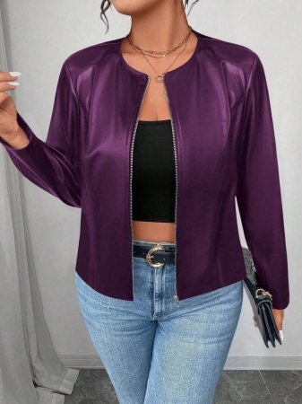 SHEIN PETITE CURVE Plus Size Women's Classic Versatile PU Leather Jacket, Petite Series - Image 37