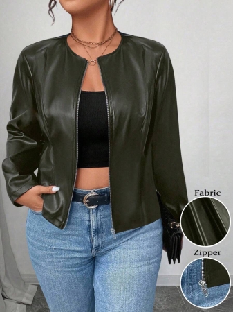 SHEIN PETITE CURVE Plus Size Women's Classic Versatile PU Leather Jacket, Petite Series - Image 64