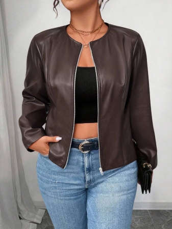SHEIN PETITE CURVE Plus Size Women's Classic Versatile PU Leather Jacket, Petite Series - Image 80