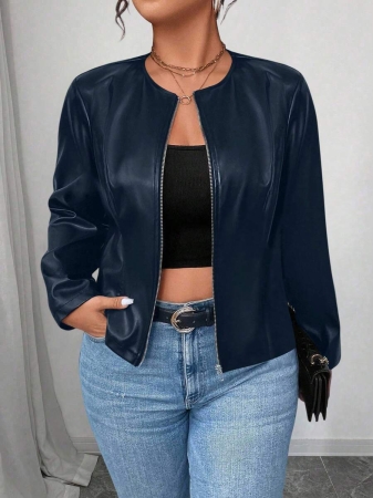 SHEIN PETITE CURVE Plus Size Women's Classic Versatile PU Leather Jacket, Petite Series - Image 90