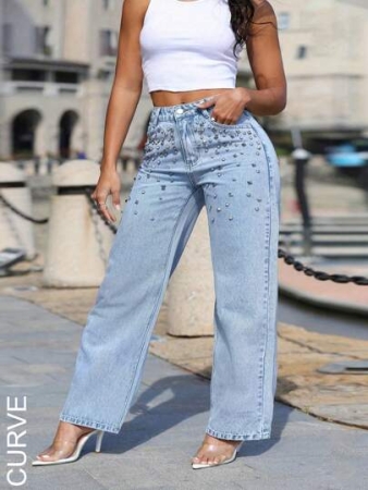 Large Size Women's Sparkling Diamond String Y2K Street Style Loose Straight Leg Pants Suitable For Date Evening Wear, Outdoor Wear, Casual Multi-Functional Jeans