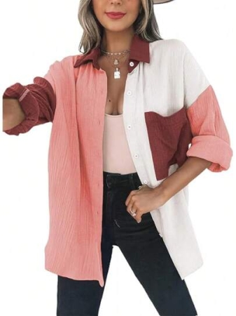 Womens Color Block Button Down Shirts Long Sleeve Oversized Boyfriend Blouses Tops