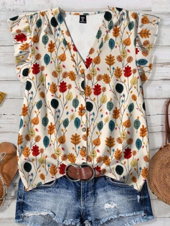EMERY ROSE Plus Size Women's Daily Casual Vacation Pink V-Neck Small Flying Sleeves Vacation Style Floral Loose Shirt, Women's Summer Clothing, Women's Vacation Clothing, Women's Summer Clothing, Chic Blouses For Women Women Blouses Boho Blouses Fall Blouses For Women Floral Blouse Women Boho Shirts Women Women Blouses Summer Boho Tops Plus Size