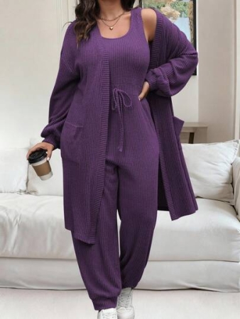 Vionelle Plus Size Solid Color Sleeveless Jumpsuit And Long Sleeve Cardigan 2 Pieces Set Purple Two Pieces Set Women Plus Size Pants Set Women Women Purple Lounge Set Plus Size Two Pieces Set Purple Three Piece Set Women