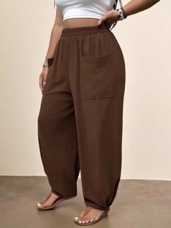 Freevana Plus Size Casual Elastic Waist Pocketed Tapered Leg Pants