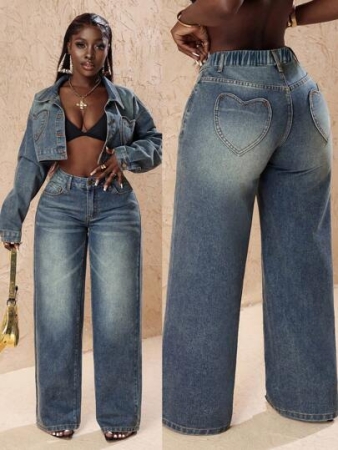 Slaydiva Plus Size Vintage Faded Denim Wide Leg Pants With Heart Pocket, Fashion & Versatile For Summer,Fall Clothes For Women