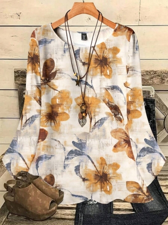 Mellowie Plus Size Casual Minimalist Allover Print Round Neck 3/4 Sleeve Shirt, Suitable For Autumn/Winter Chic Blouses For Women - Image 2