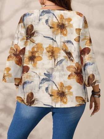 Mellowie Plus Size Casual Minimalist Allover Print Round Neck 3/4 Sleeve Shirt, Suitable For Autumn/Winter Chic Blouses For Women - Image 7