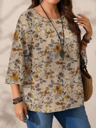 Mellowie Plus Size Casual Minimalist Allover Print Round Neck 3/4 Sleeve Shirt, Suitable For Autumn/Winter Chic Blouses For Women - Image 14