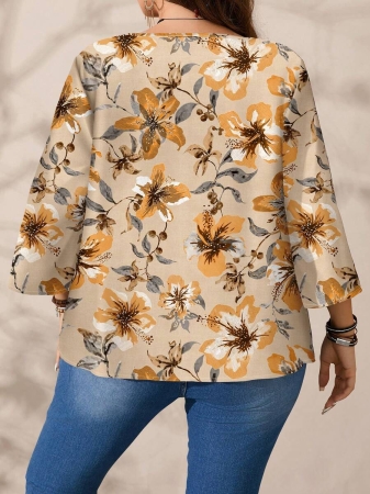 Mellowie Plus Size Casual Minimalist Allover Print Round Neck 3/4 Sleeve Shirt, Suitable For Autumn/Winter Chic Blouses For Women - Image 22