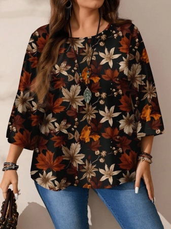 Mellowie Plus Size Casual Minimalist Allover Print Round Neck 3/4 Sleeve Shirt, Suitable For Autumn/Winter Chic Blouses For Women - Image 25