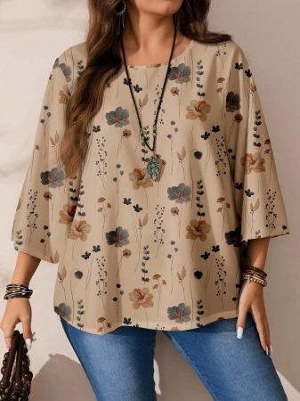 Mellowie Plus Size Casual Minimalist Allover Print Round Neck 3/4 Sleeve Shirt, Suitable For Autumn/Winter Chic Blouses For Women - Image 41