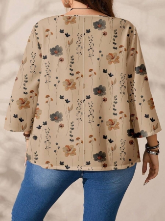 Mellowie Plus Size Casual Minimalist Allover Print Round Neck 3/4 Sleeve Shirt, Suitable For Autumn/Winter Chic Blouses For Women - Image 44