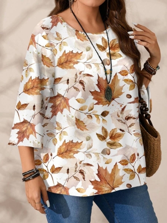 Mellowie Plus Size Casual Minimalist Allover Print Round Neck 3/4 Sleeve Shirt, Suitable For Autumn/Winter Chic Blouses For Women - Image 54