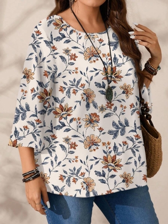 Mellowie Plus Size Casual Minimalist Allover Print Round Neck 3/4 Sleeve Shirt, Suitable For Autumn/Winter Chic Blouses For Women - Image 63